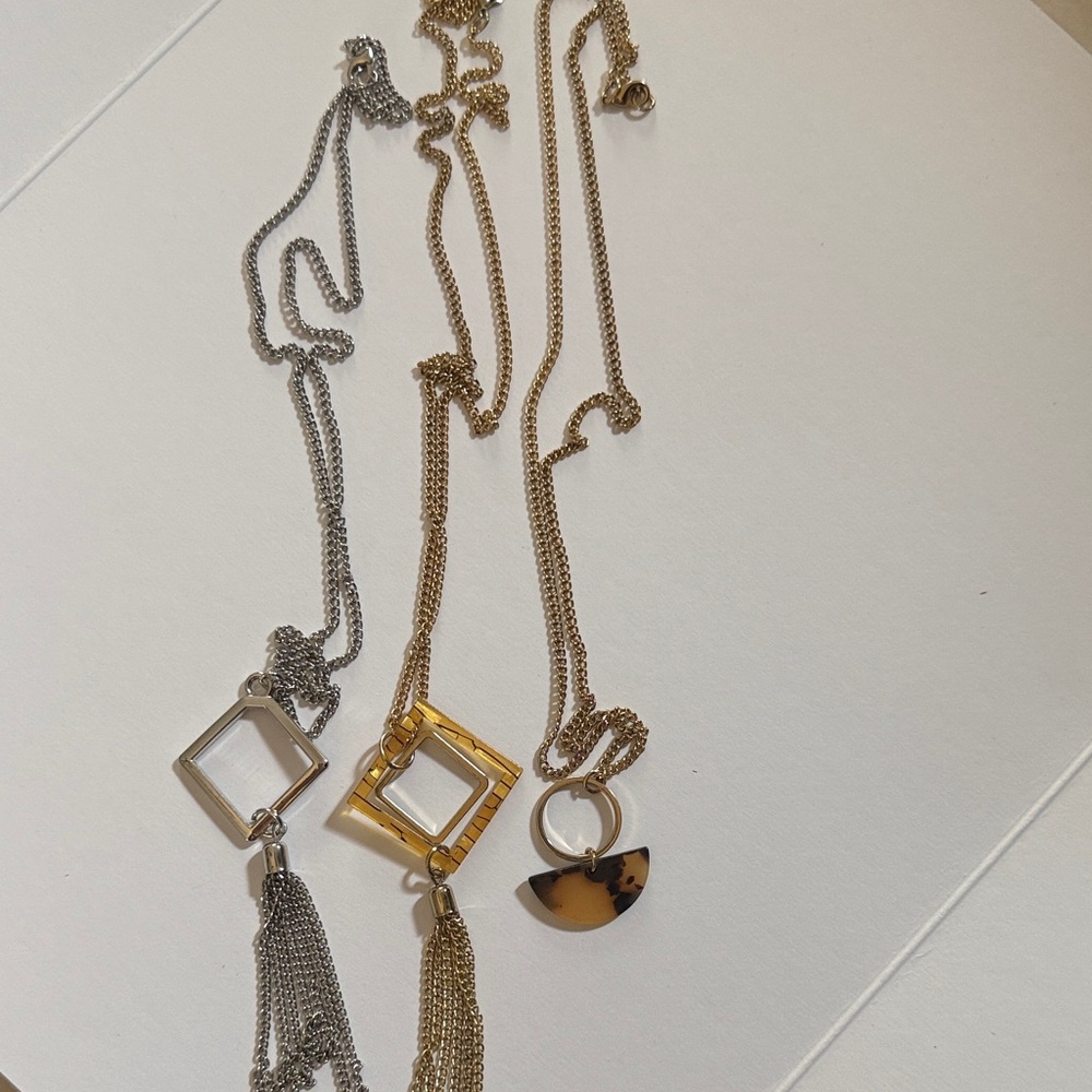 Set 3 Long Necklaces Costume Jewelry 15" Gold and Silver Tones Amber Pendant